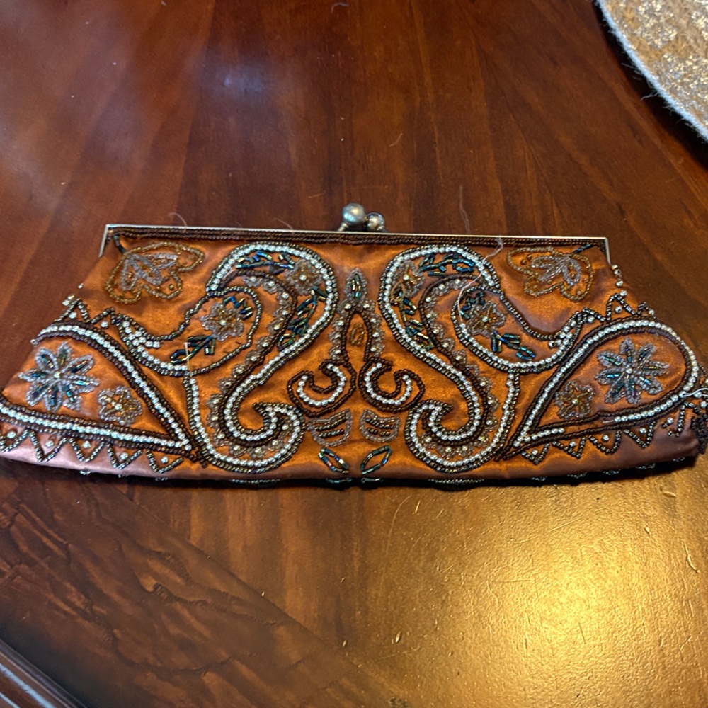 Embellished Brown Beaded Paisley Clutch